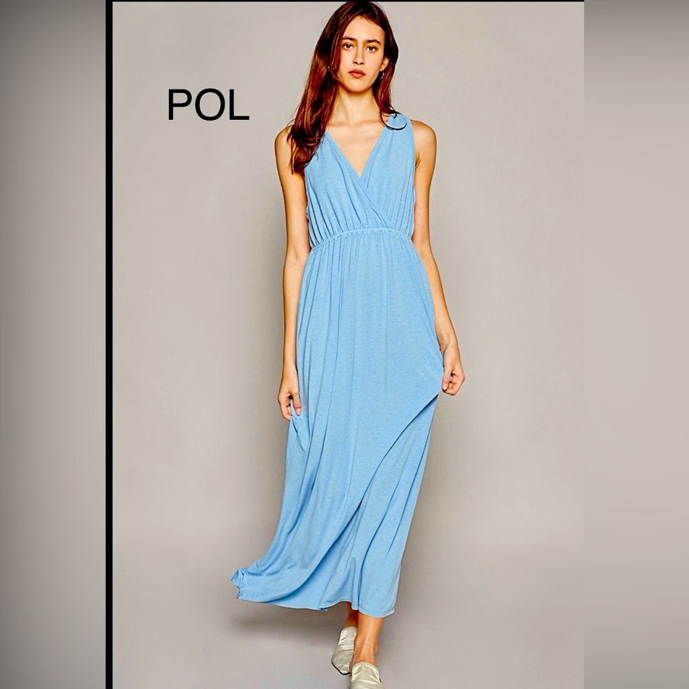 BP206-1🩵POL in paradise pale Blue soft Maxi Dress w/knot back+side slit-Amazing!